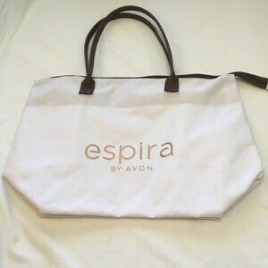 Espira By Avon White Tote Bag with Brown Handles Zippered Closure